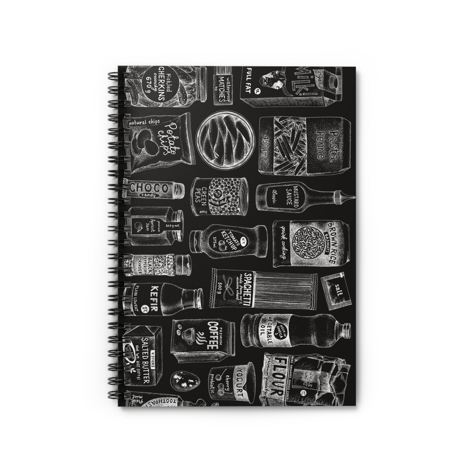 Spiral notebook with chalkboard menu design and ruled lines