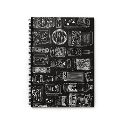 Spiral notebook with chalkboard menu design and ruled lines