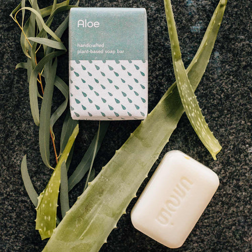 Bar of soap with aloe vera leaves and a box labeled 'Aloe' on a dark surface