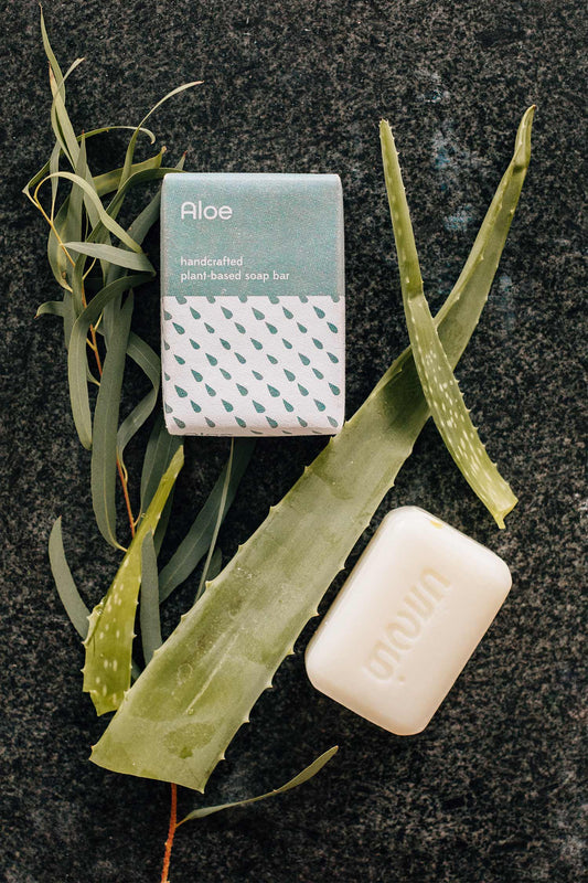 Bar of soap with aloe vera leaves and a box labeled 'Aloe' on a dark surface