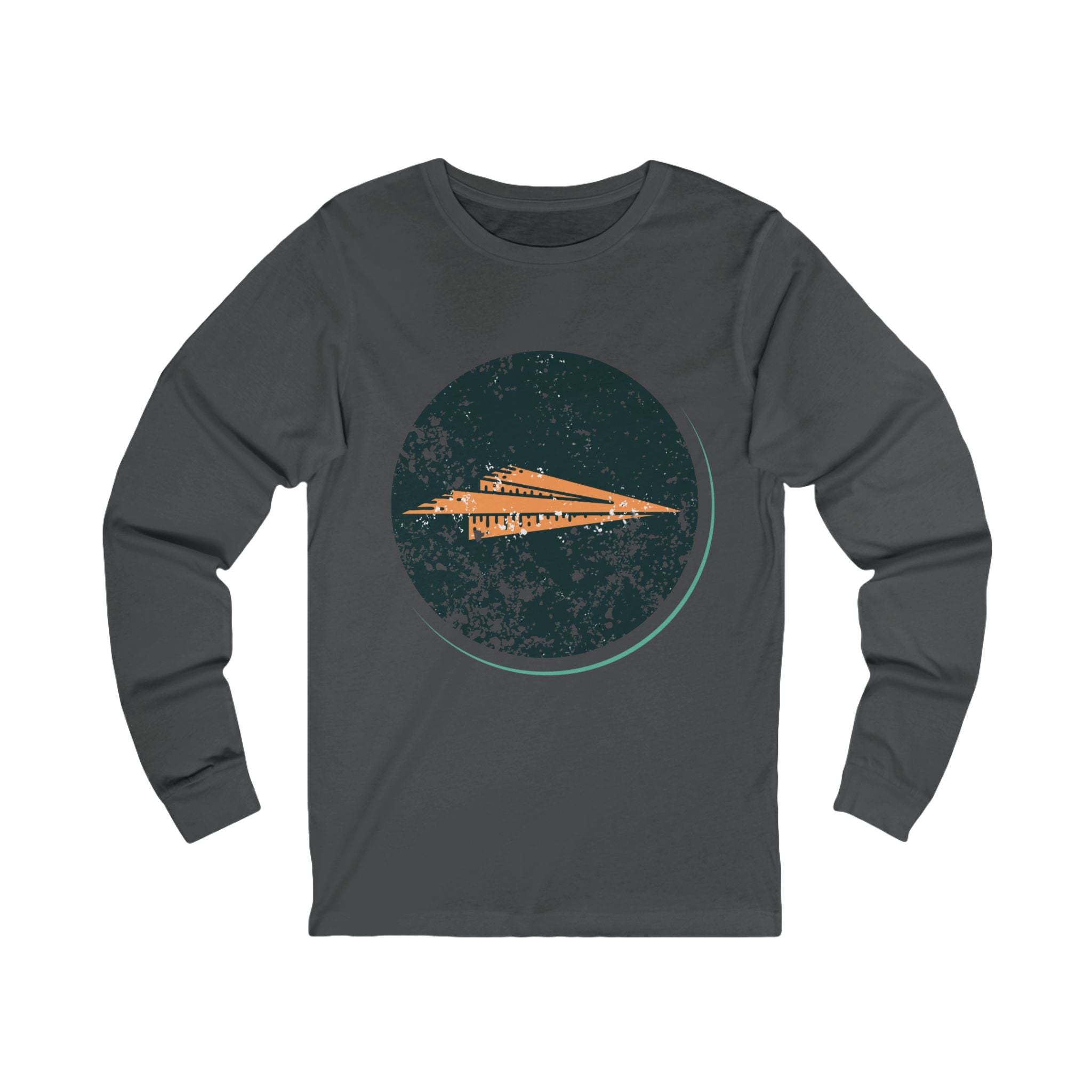 Dark gray long-sleeve shirt with a circular design featuring an airplane on a white background