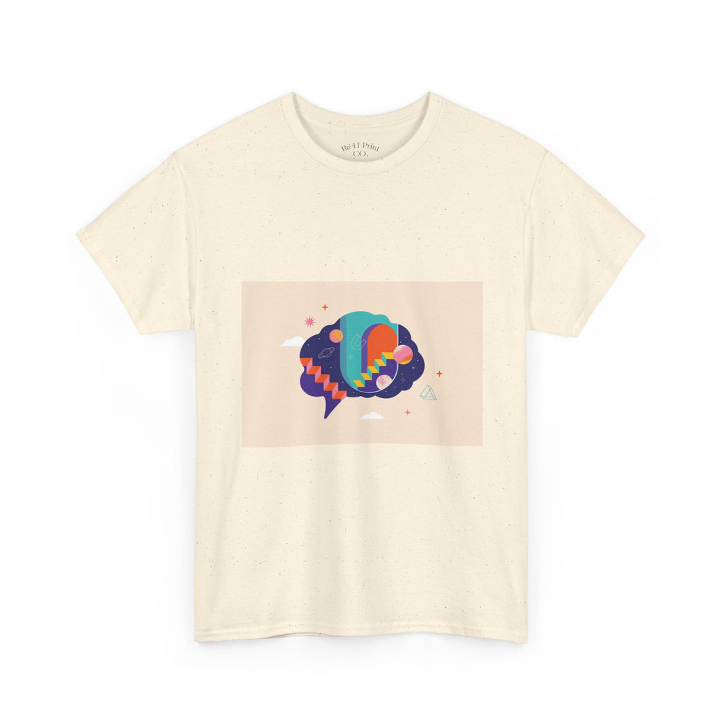 Beige t-shirt with a colorful graphic design on a white background
