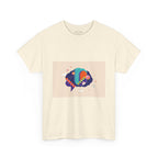 Beige t-shirt with a colorful graphic design on a white background