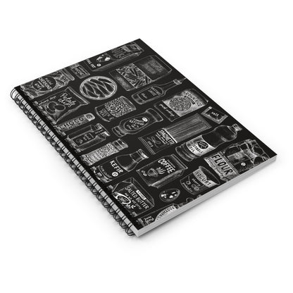 Close up of Spiral notebook with chalkboard menu design and ruled lines