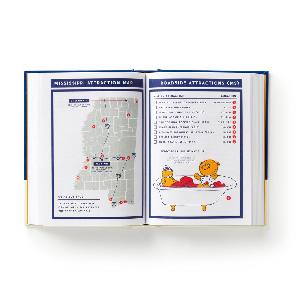 Open pages showing illustrated maps and quirky state highlights