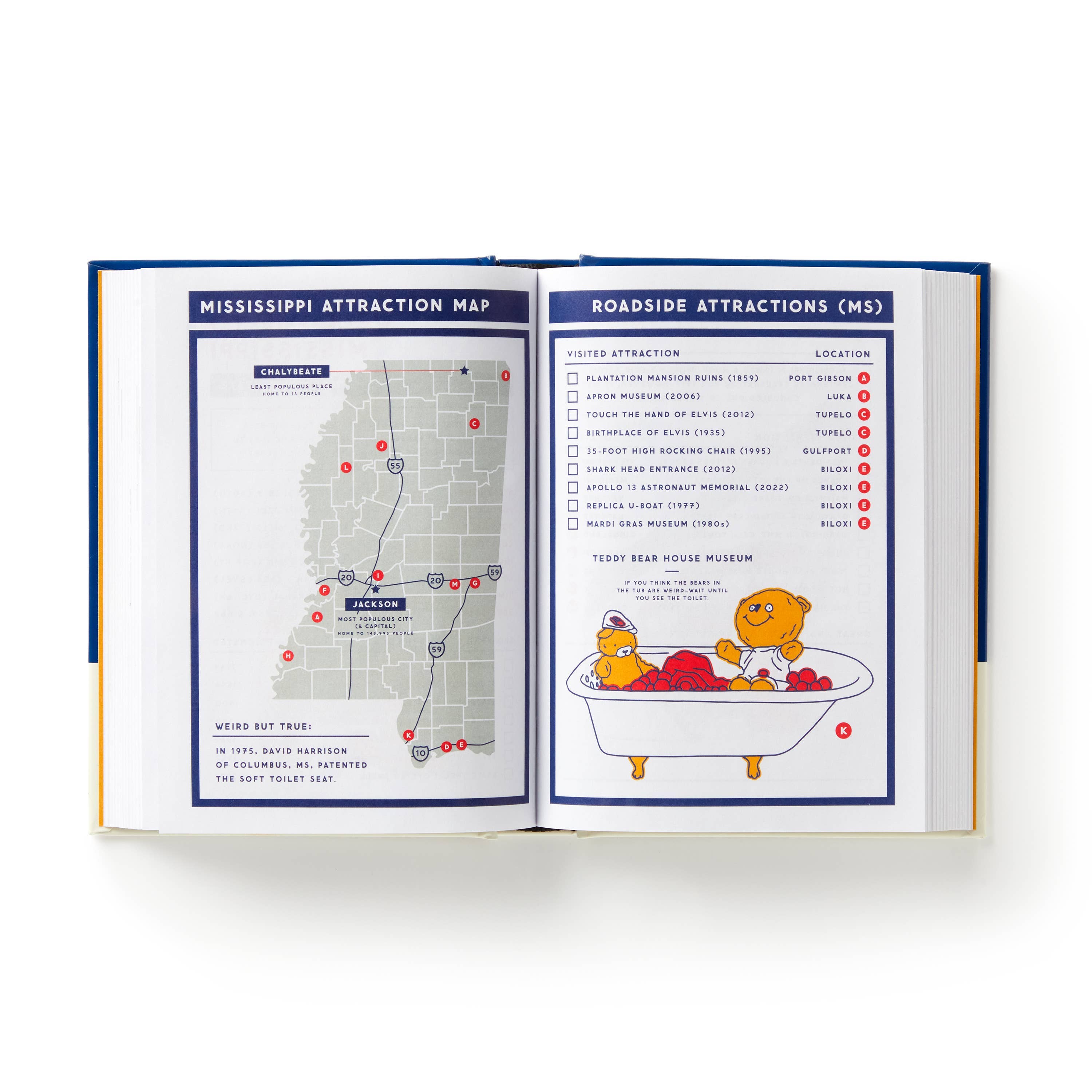 Open pages showing illustrated maps and quirky state highlights