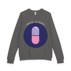 Gray sweatshirt with a pink and purple pill graphic and 'Chronic is Iconic' text on a white background