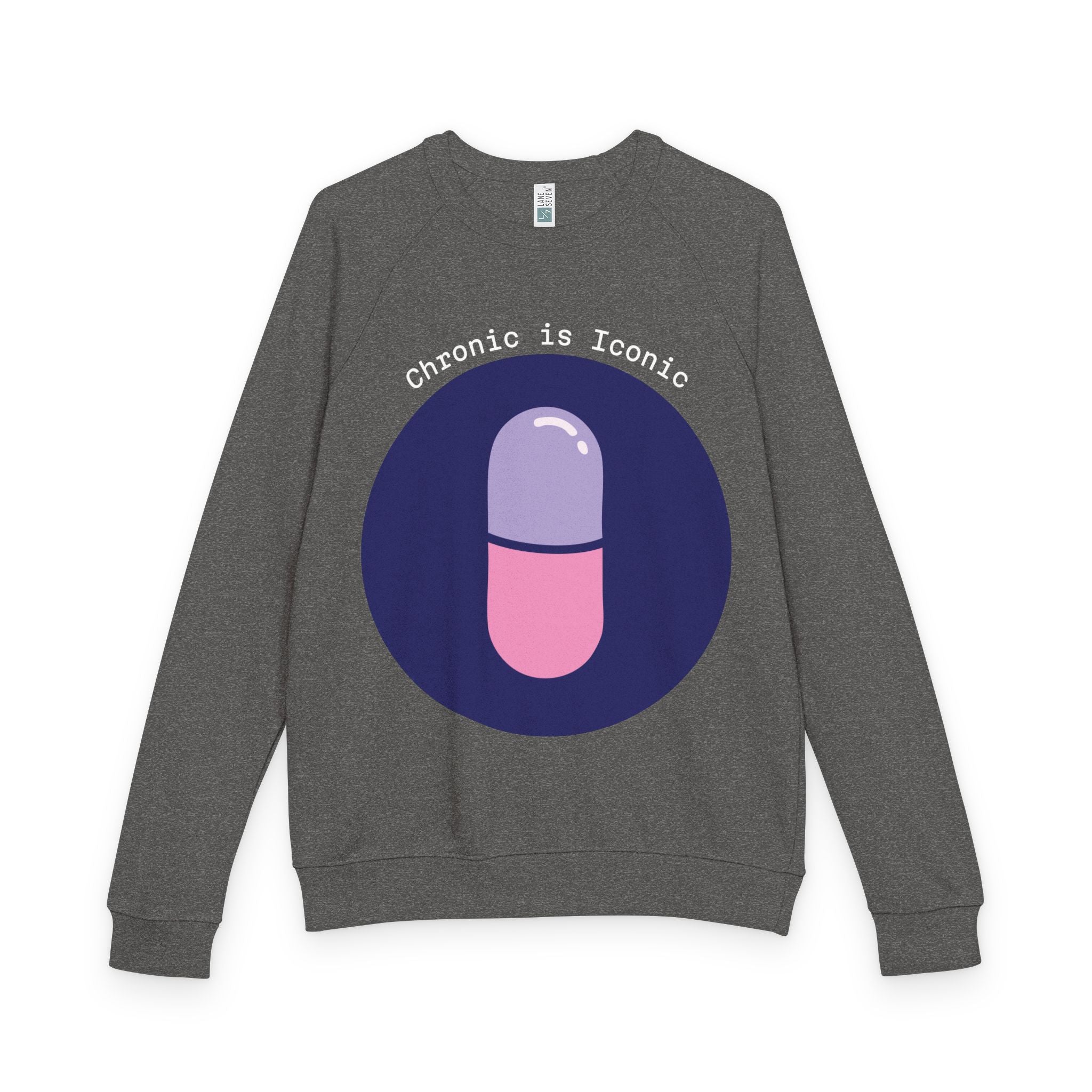 Gray sweatshirt with a pink and purple pill graphic and 'Chronic is Iconic' text on a white background