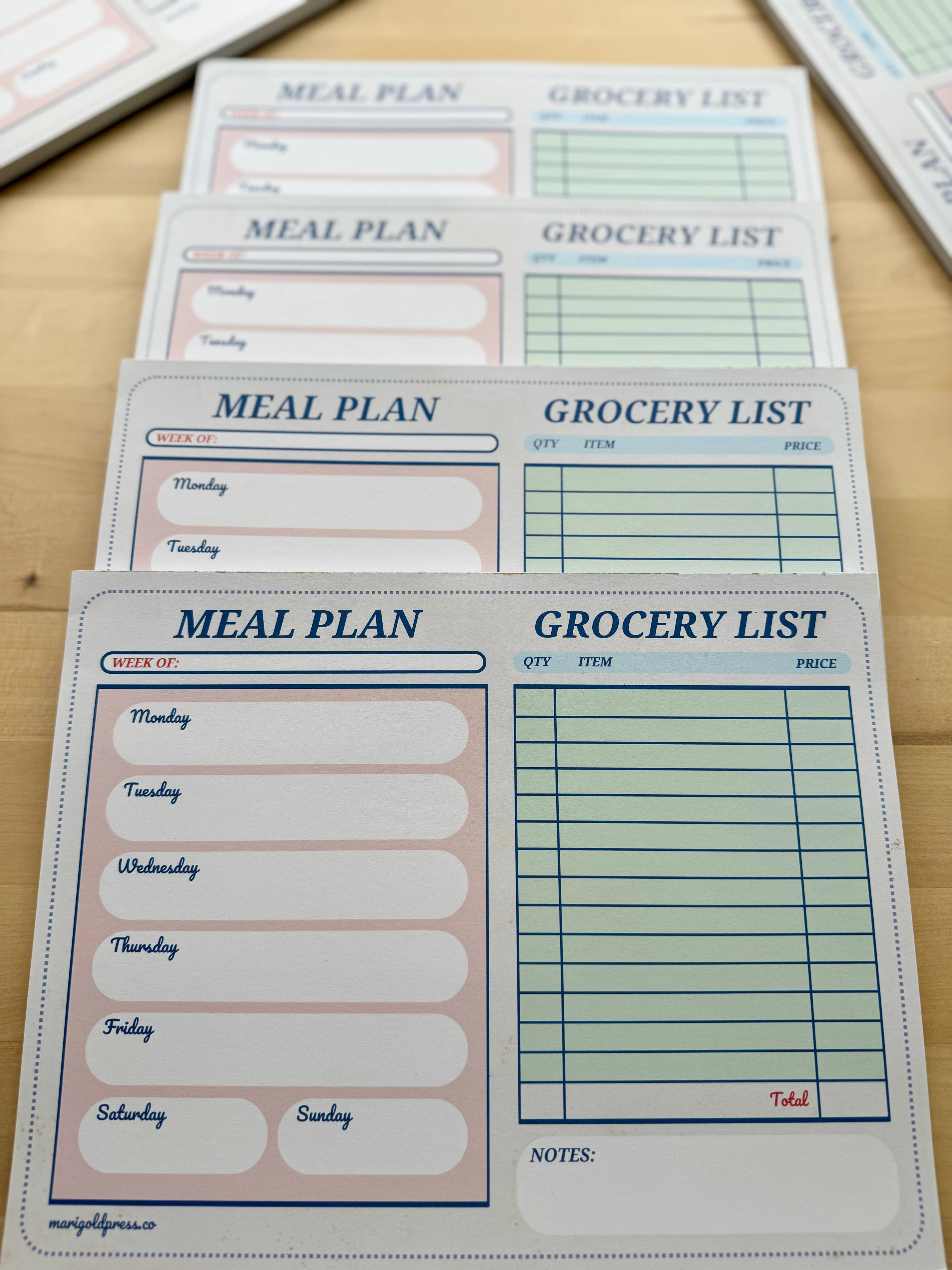 Close up of the Meal planner and grocery list notepad for kitchen organization
