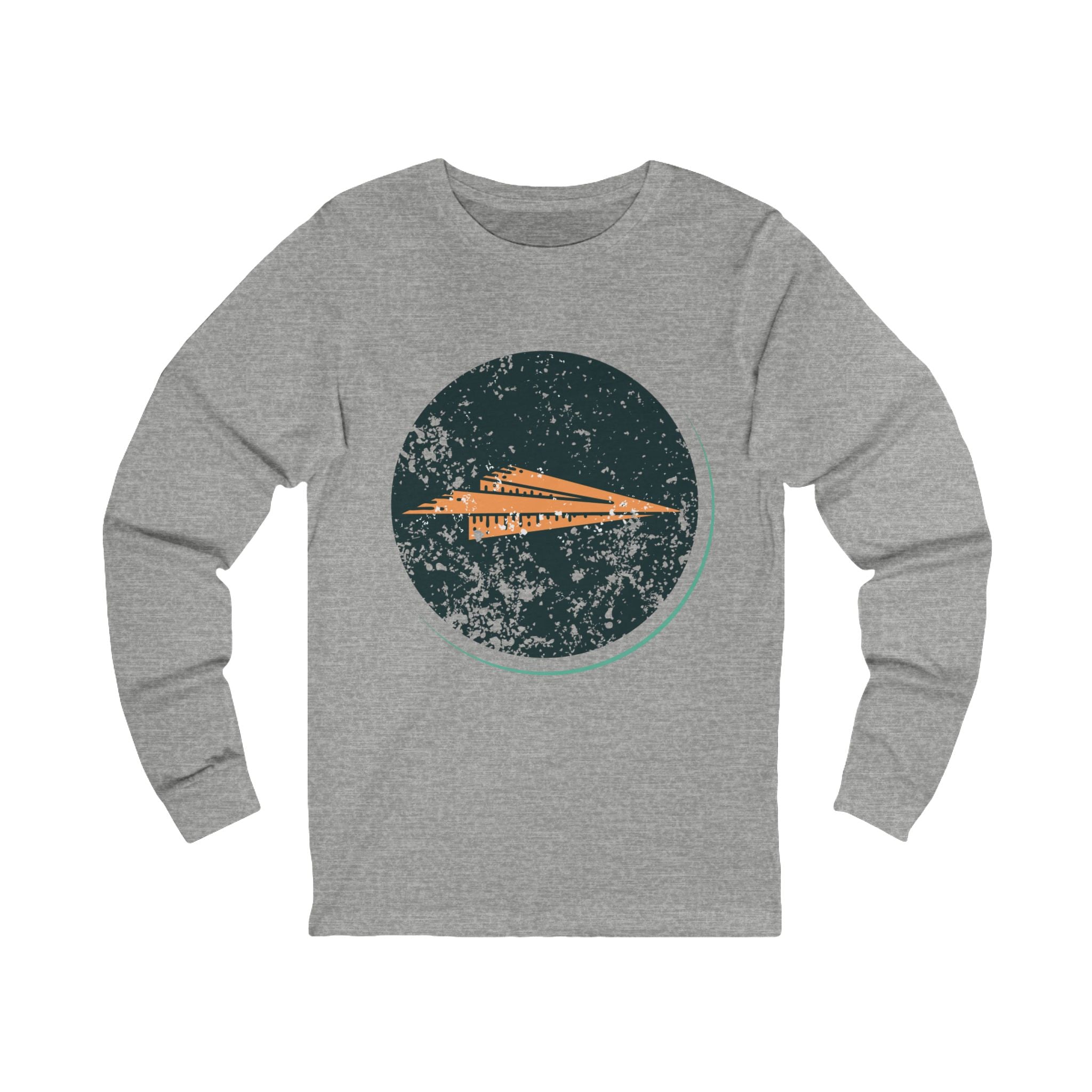 Gray long-sleeve shirt with a circular design featuring an airplane on a white background