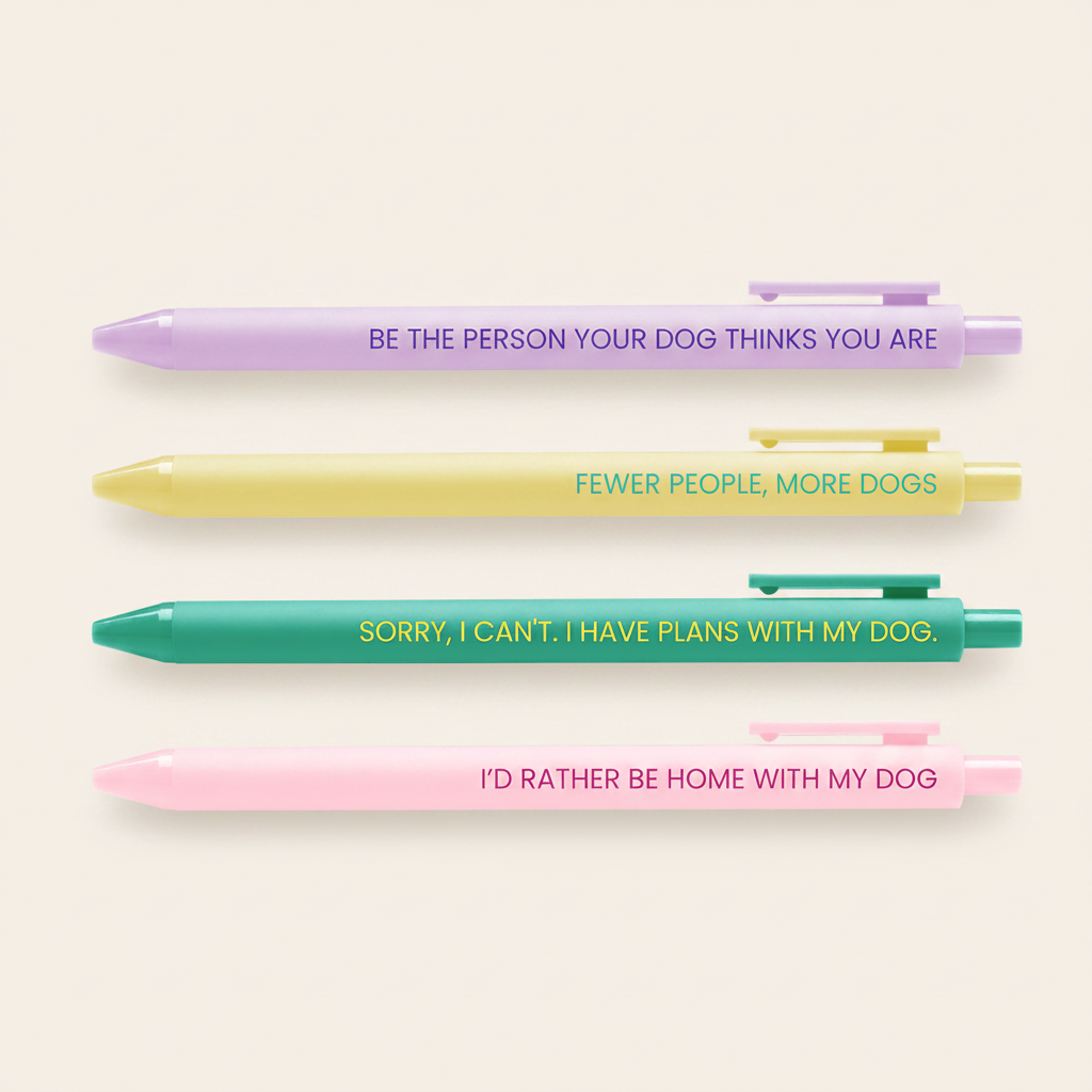 Five pens with humorous quotes about dogs on a white background