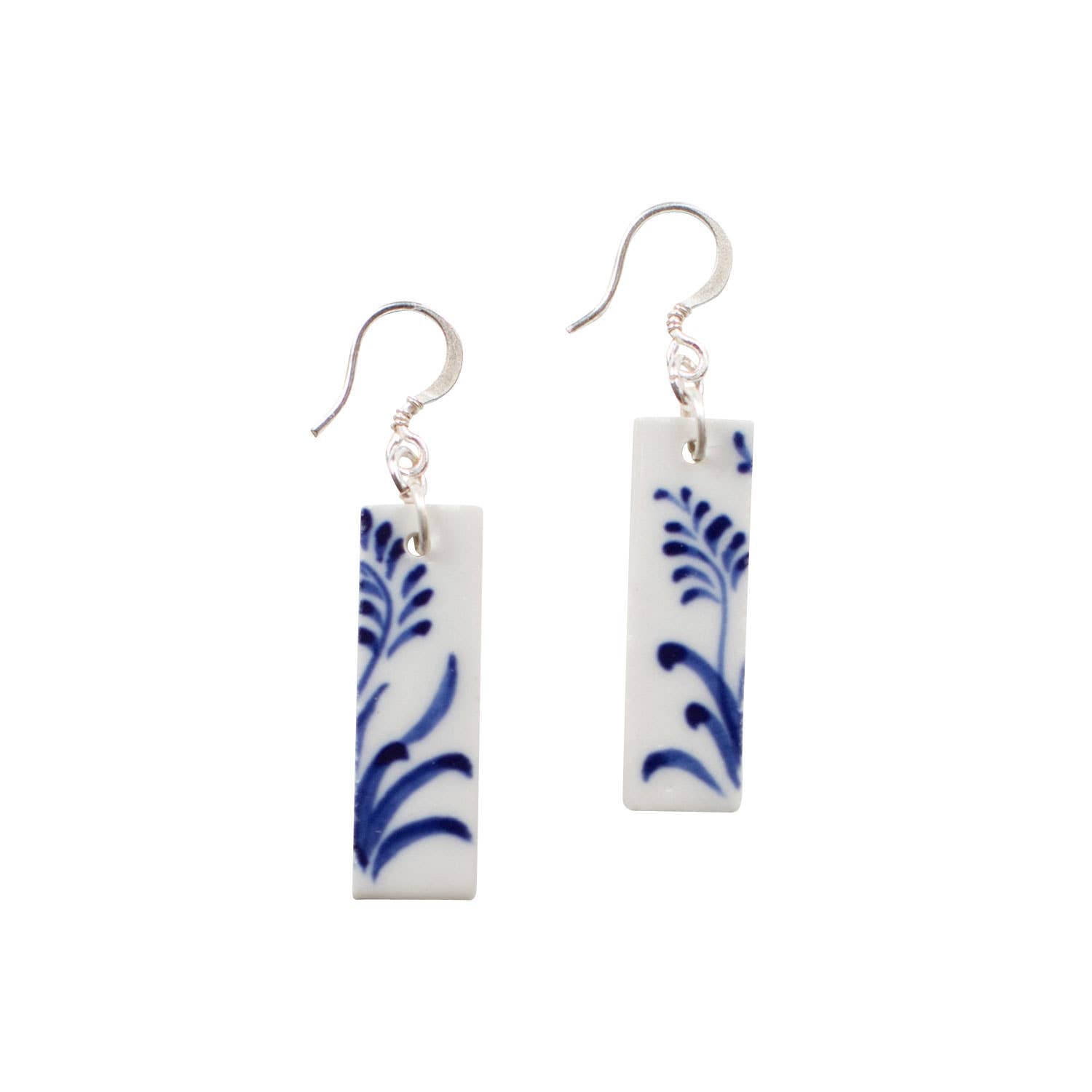 Rectangular white ceramic earrings with hand-painted blue botanical designs