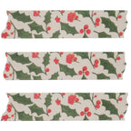 Three strips of decorative paper with a holly pattern on a white background