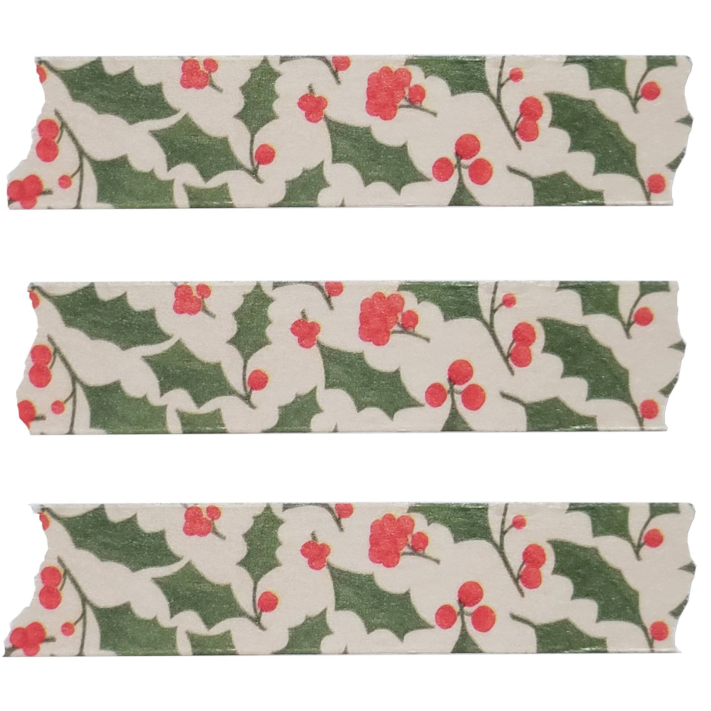Three strips of decorative paper with a holly pattern on a white background