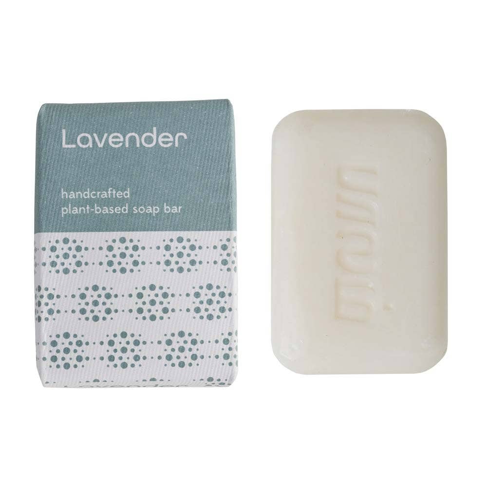Lavender handcrafted plant-based soap bar with packaging on a white background