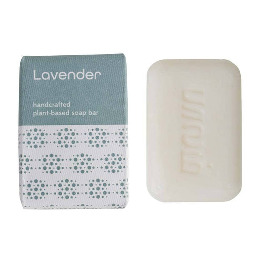 Lavender handcrafted plant-based soap bar with packaging on a white background