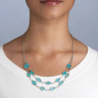 Turquoise necklace with silver chain on a person wearing a white top against a gray background