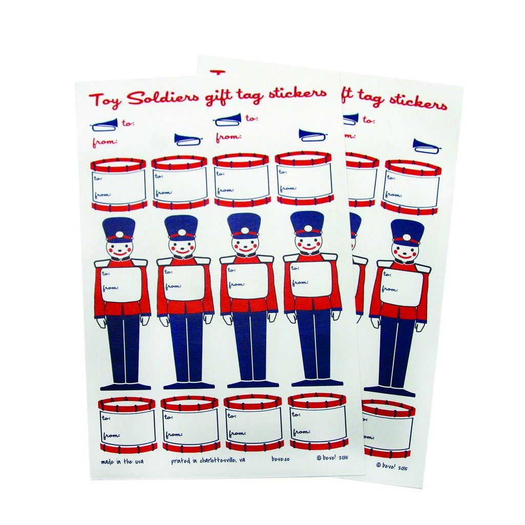 Sheet of toy soldier gift tags with red, white, and blue design on a white background.