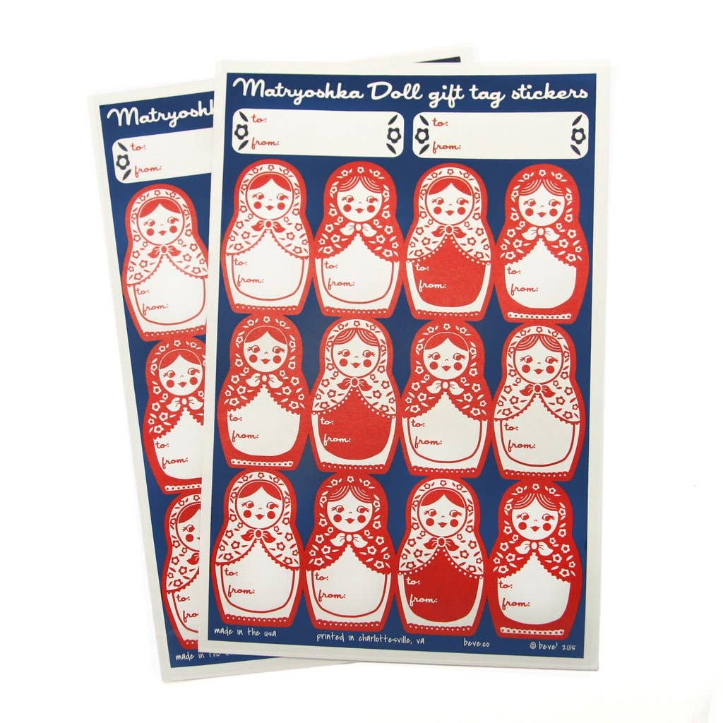 Matryoshka Doll gift tag stickers with red and white design on a blue background