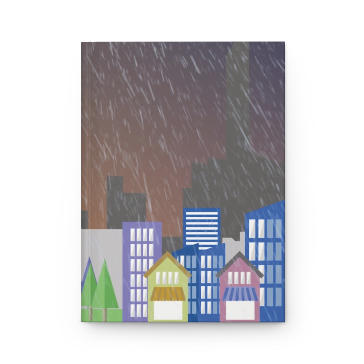 Front cover of hardcover journal with colorful city skyline and shooting stars