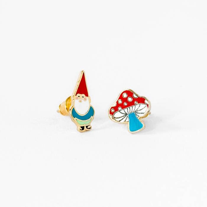 Gnome and Mushroom Earrings - Gold Cottage Core Studs - Cloisonné Petite Studs in Glass Vial Packaging