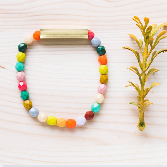 Colorful Czech glass bead bracelet with brass focal bead