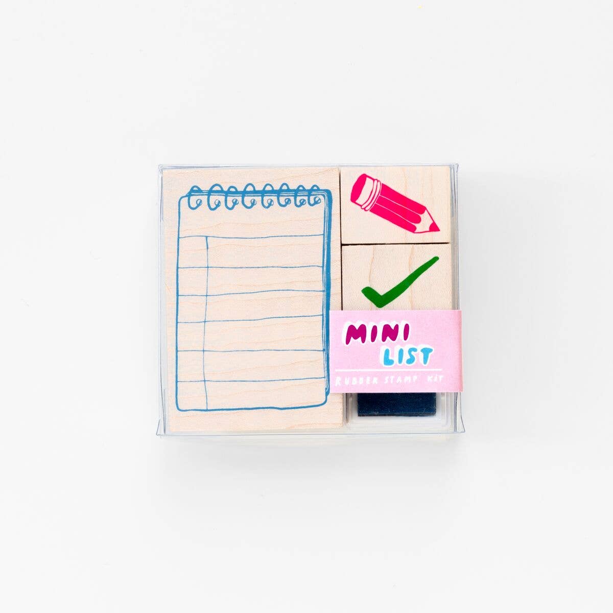 A Mini List Stamp Kit featuring a neon pink ink pad and two natural rubber stamps mounted on premium wood.