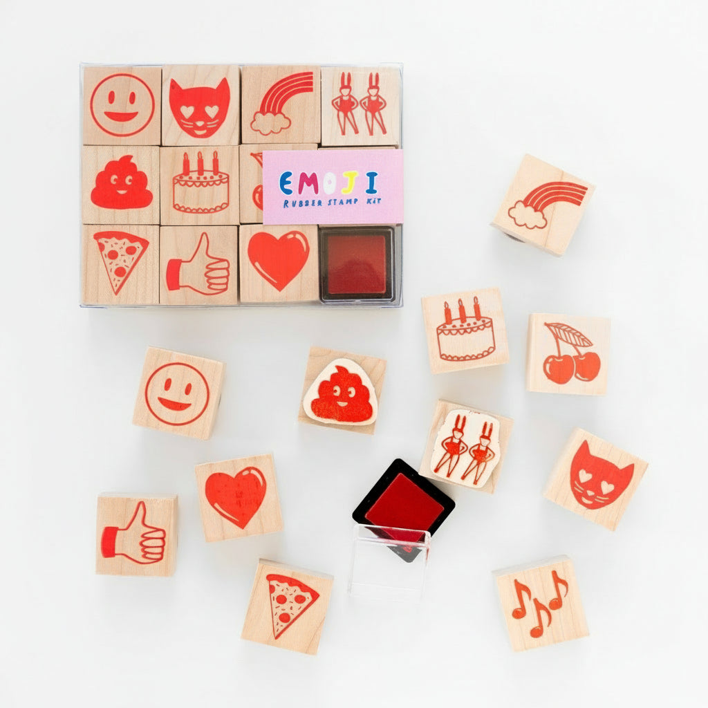 Complete Emoji Stamp Kit featuring bubble letter stamps and an electric blue neon ink pad. Includes 11 stamps and 1 ink pad, packaged in a clear box.