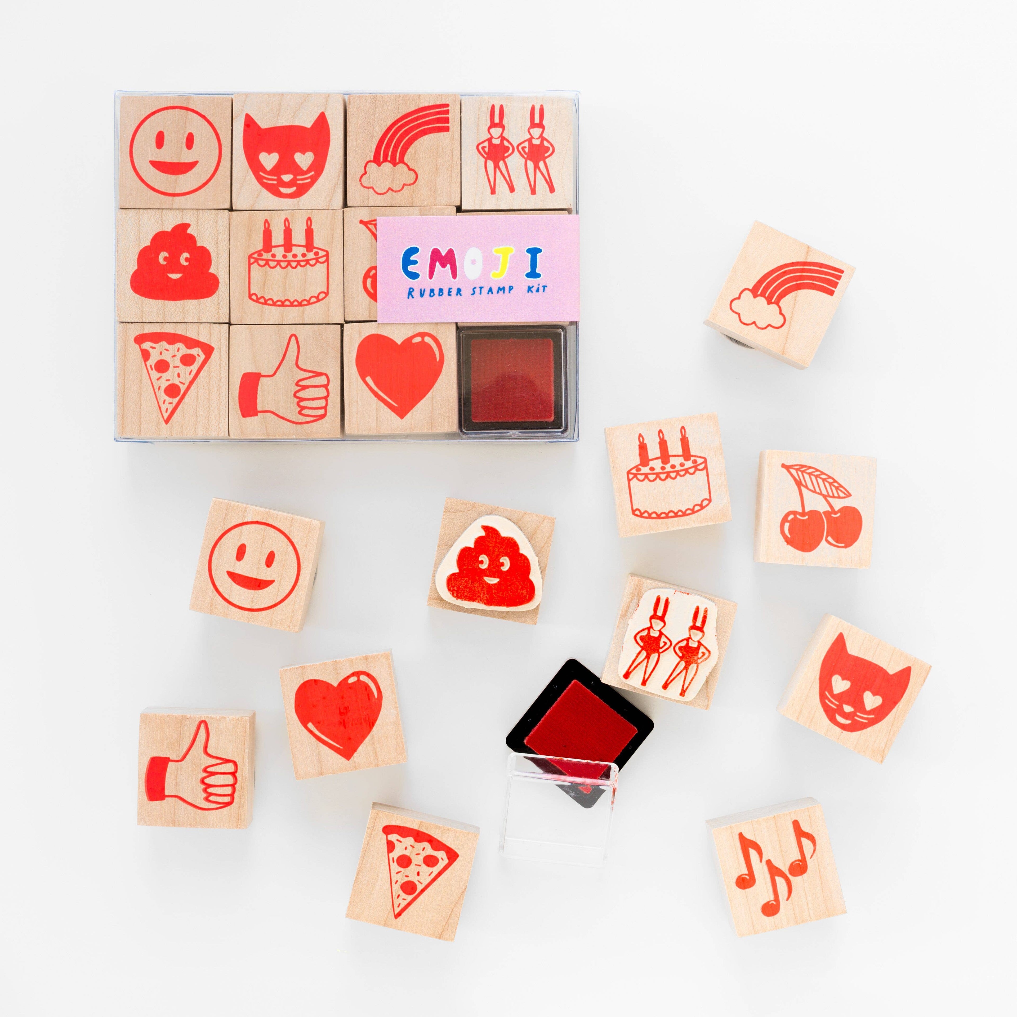 Complete Emoji Stamp Kit featuring bubble letter stamps and an electric blue neon ink pad. Includes 11 stamps and 1 ink pad, packaged in a clear box.