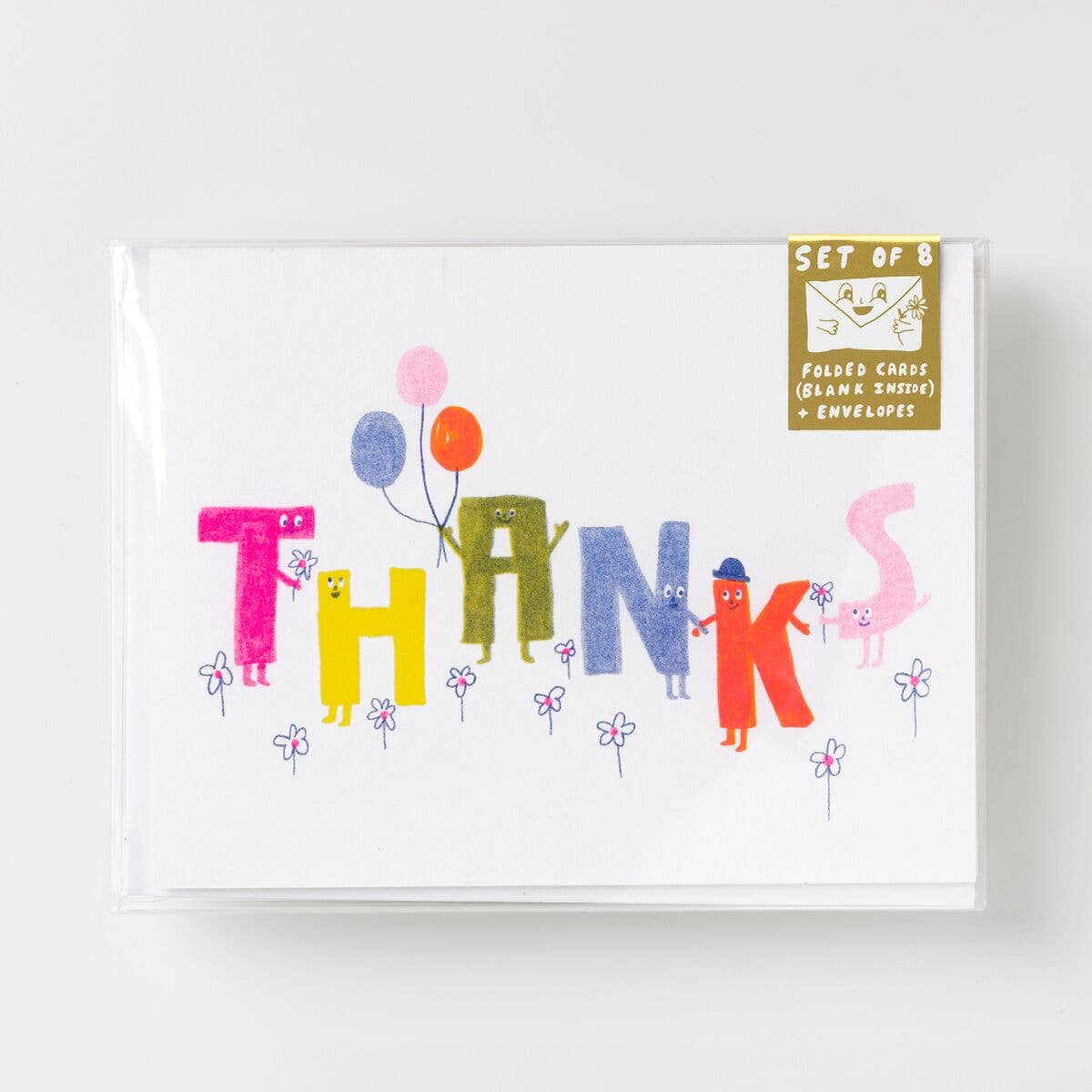 Set of 8 'Thanks Letter Friends' Risograph Cards - 4.25x5.25 inches - Printed with Veggie-Based Inks on Recycled Paper