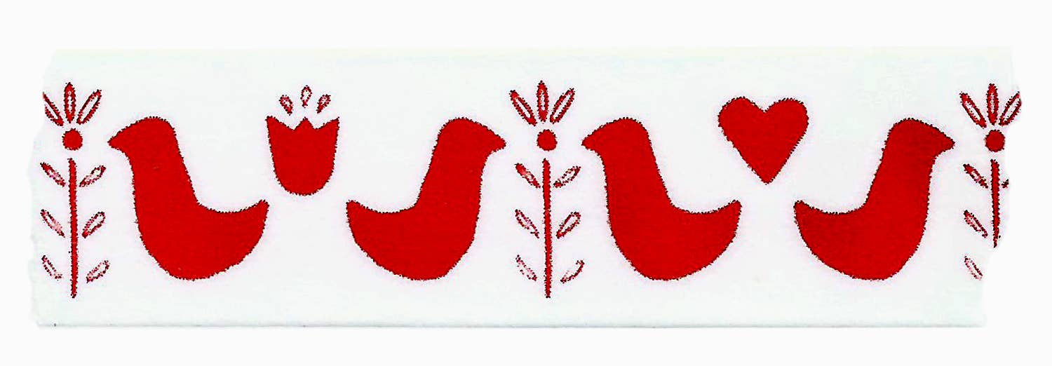 Decorative pattern with red birds, hearts, and flowers on a white background