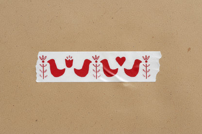 Decorative Red Folk Bird Washi Tape with red birds, hearts, and flowers on a beige background