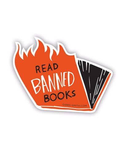 Die-cut vinyl sticker of a flaming book with "Read Banned Books" text