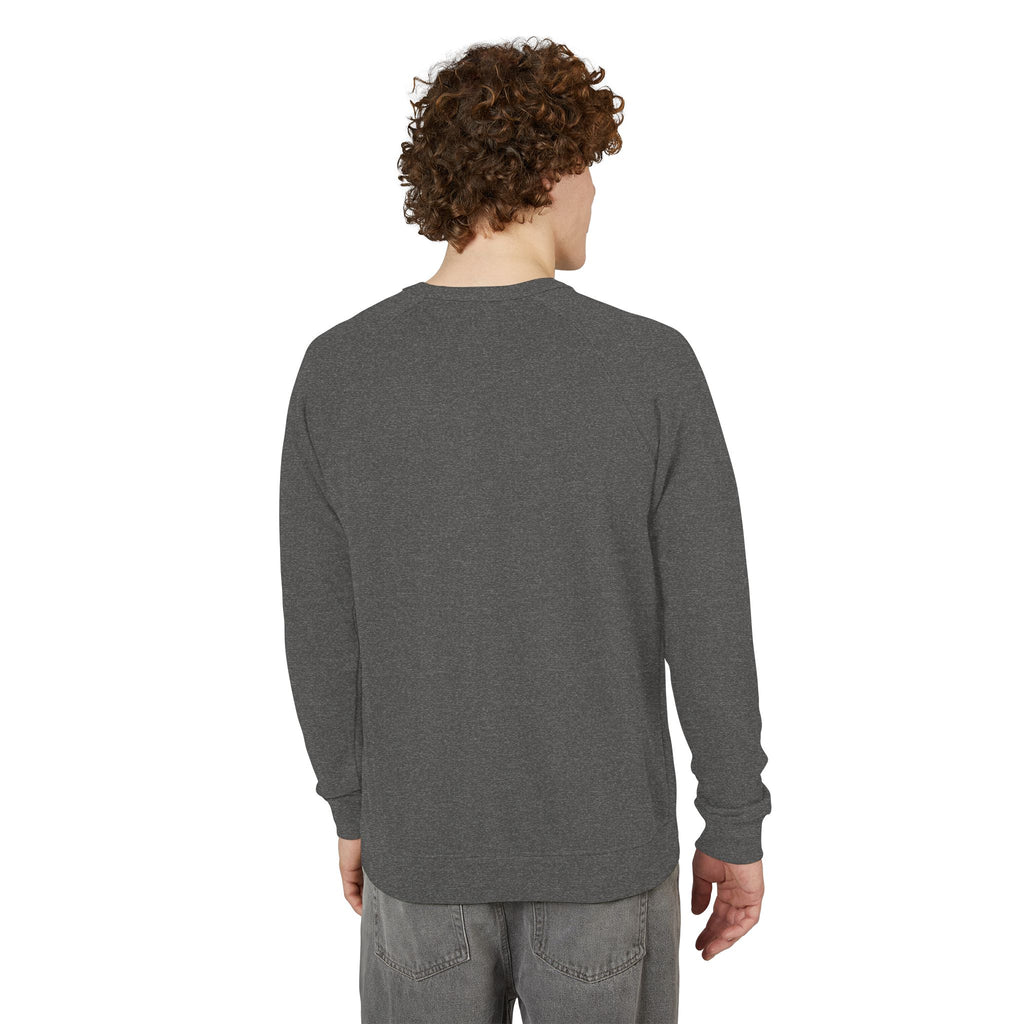 Person wearing a gray long-sleeve shirt on a white background
