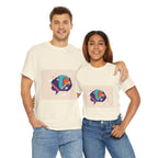 Two people wearing matching cream t-shirts with colorful graphic designs on a white background