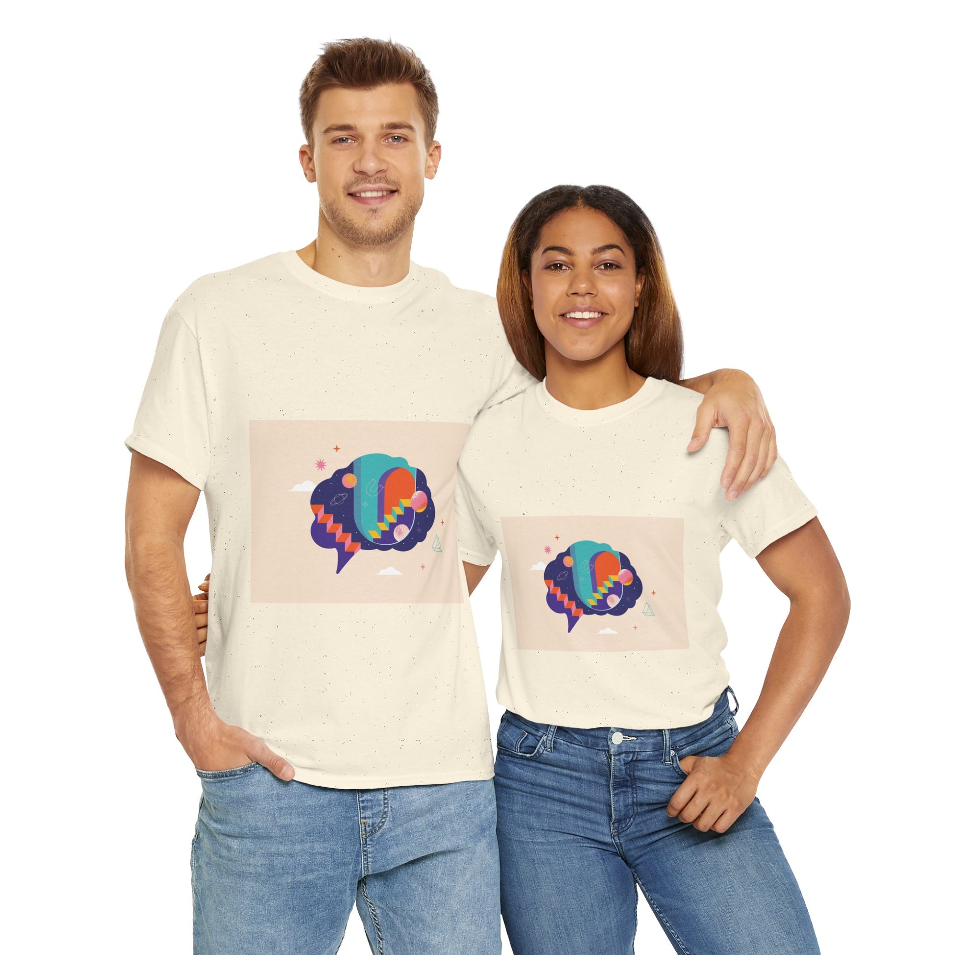Two people wearing matching cream t-shirts with colorful graphic designs on a white background