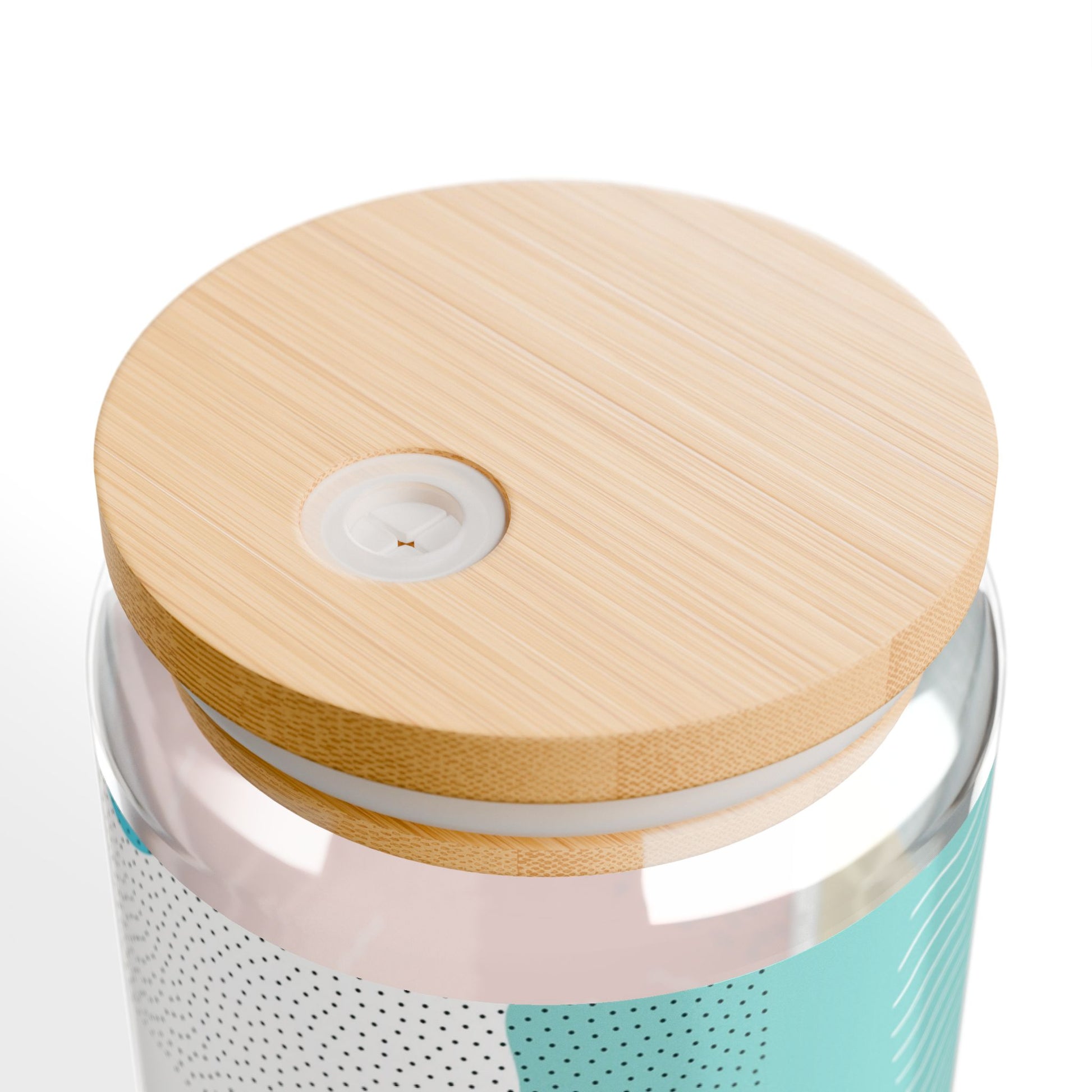 Top view of the 16oz sipper glass with abstract design, bamboo lid, and Tritan straw
