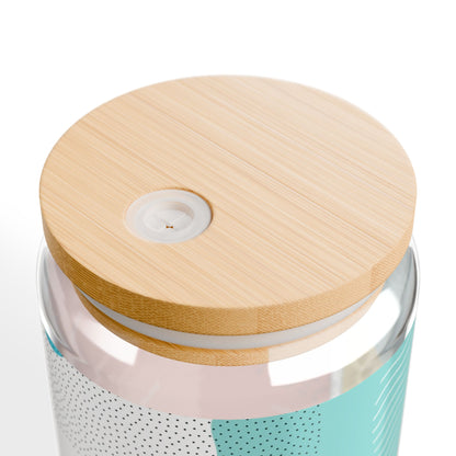 Top view of the 16oz sipper glass with abstract design, bamboo lid, and Tritan straw