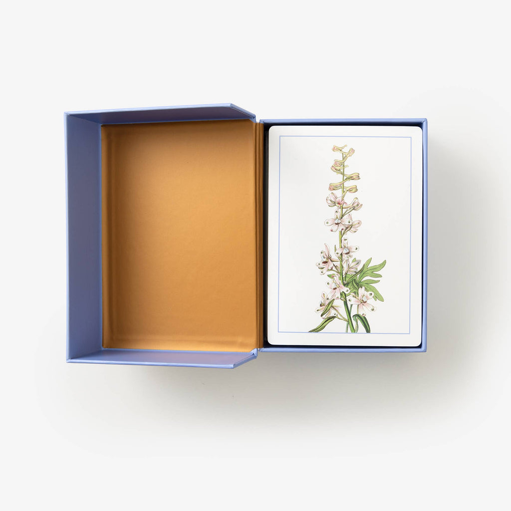 Open box with a card featuring a floral illustration on a white background