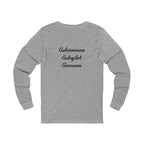 Gray long-sleeve shirt with text 'Autoimmune Autopilot Awesome' on a white background