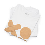 White t-shirt folded with bandaid design on a white background