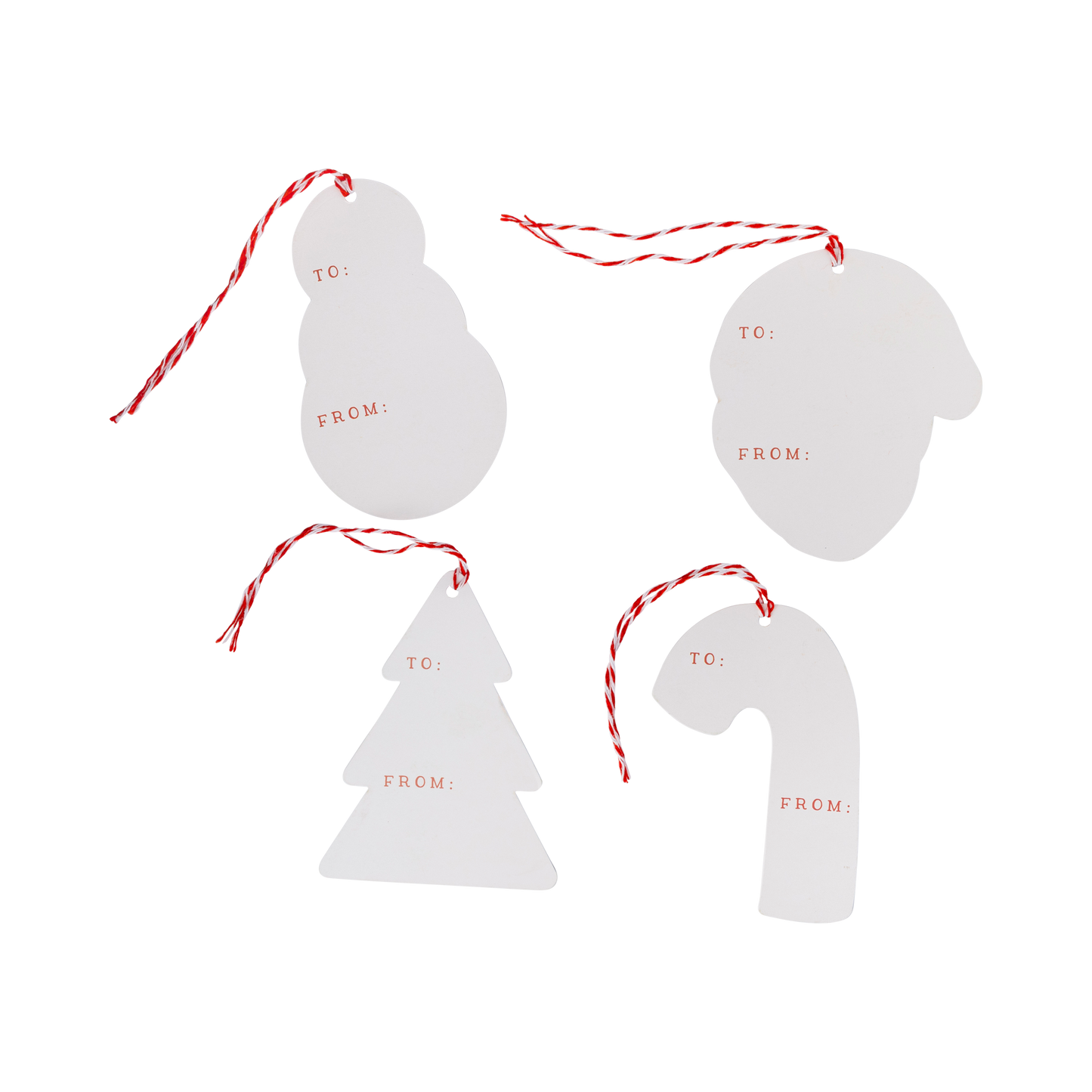 Set of four white Christmas-themed gift tags with 'TO' and 'FROM' text on a white background.