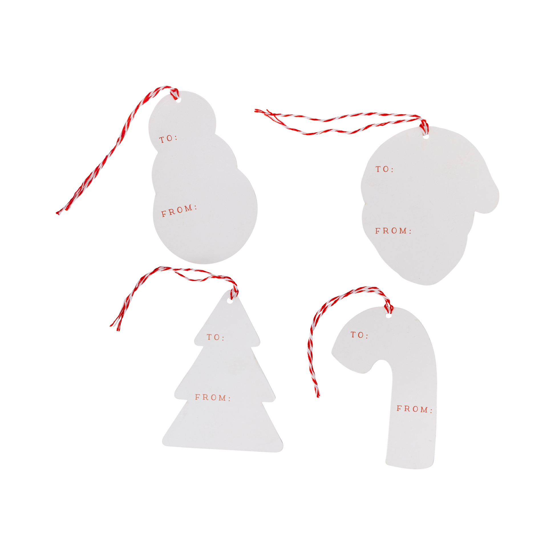 Set of four white Christmas-themed gift tags with 'TO' and 'FROM' text on a white background.