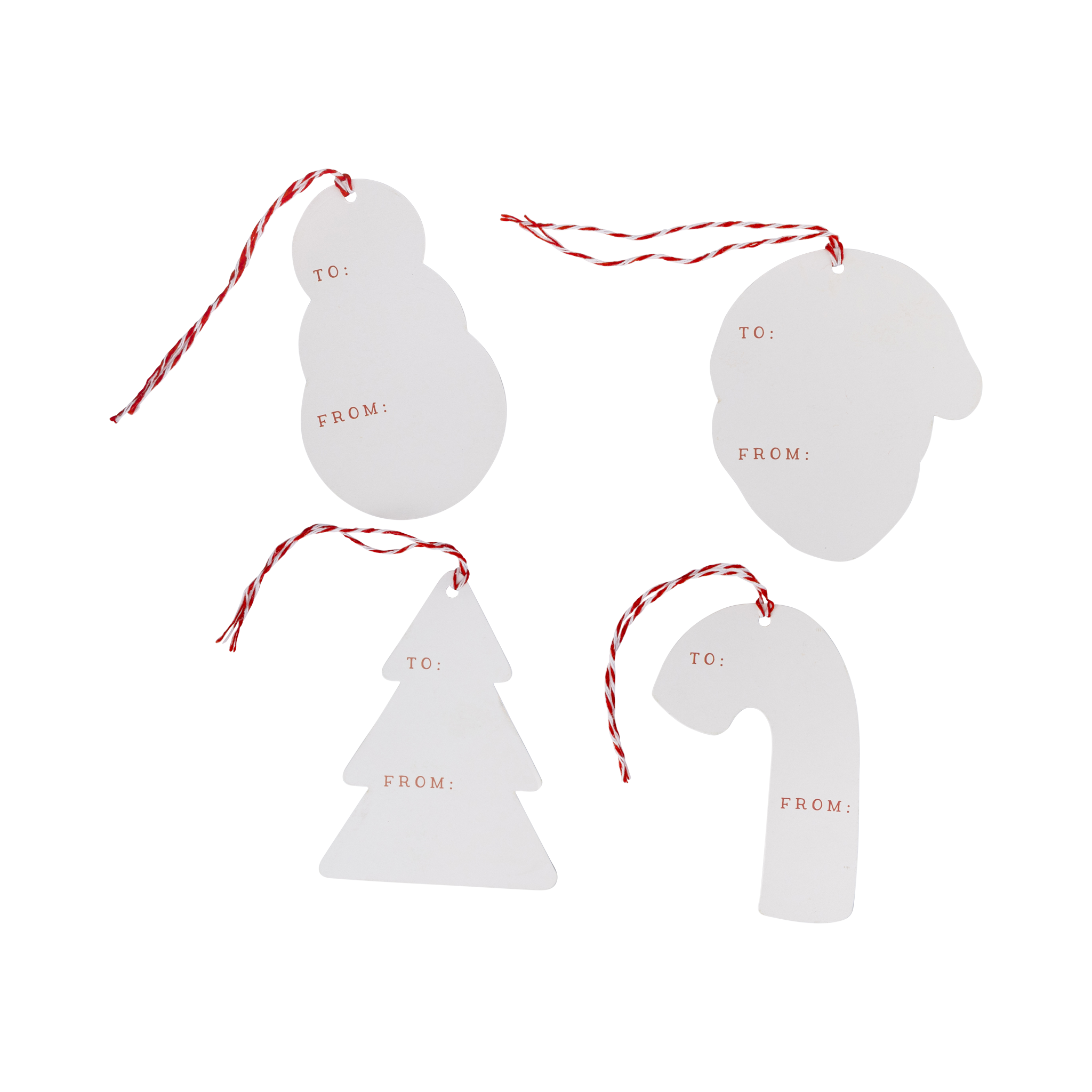 Set of four white Christmas-themed gift tags with 'TO' and 'FROM' text on a white background.