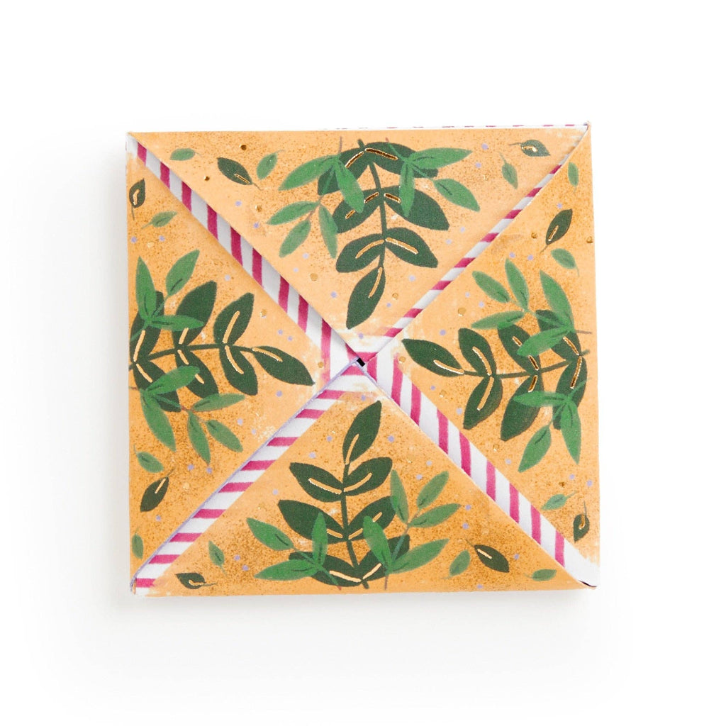Joy LaForme card decorated with green leaf pattern on a white background