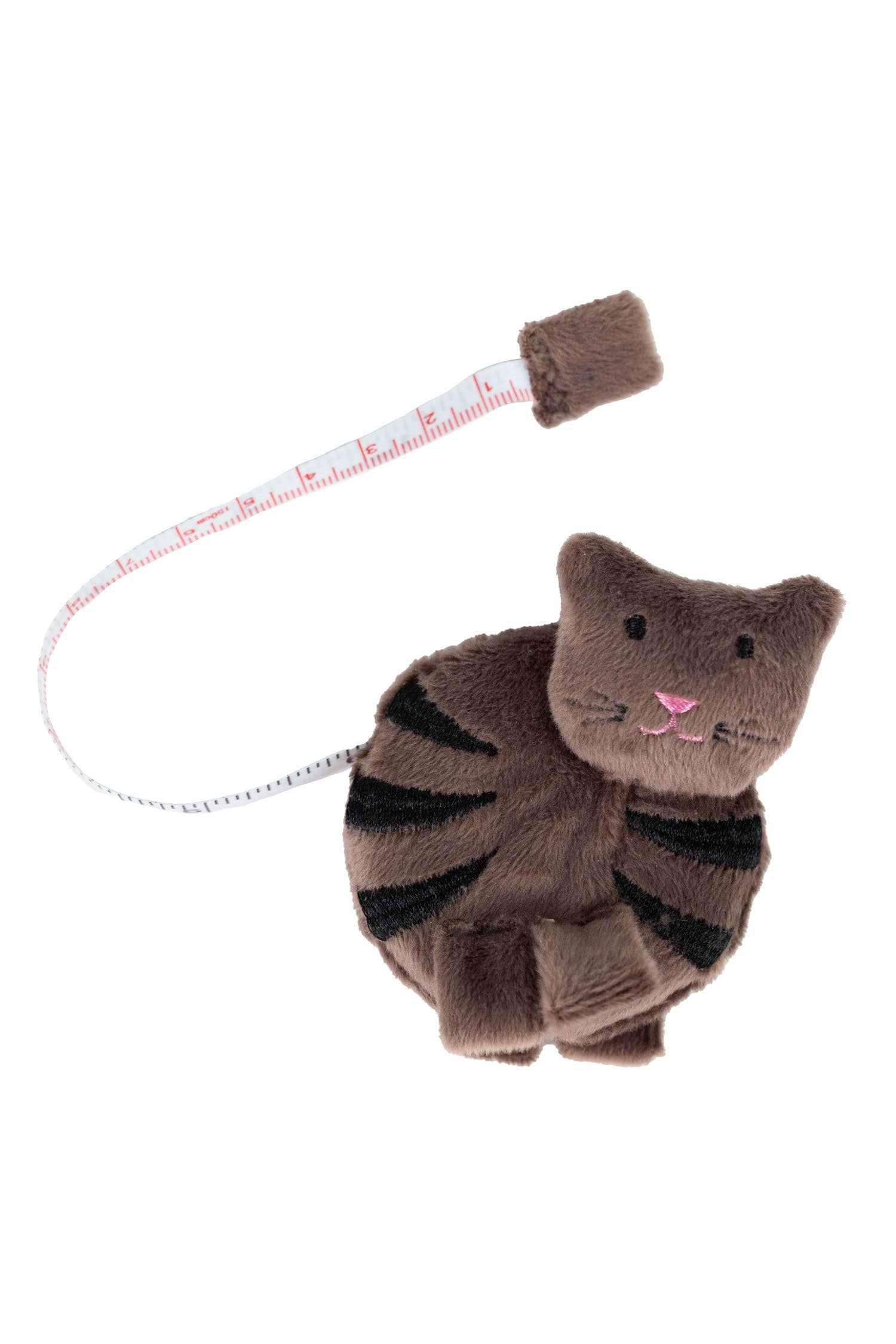 A gray fabric cat tape measurer on a white background