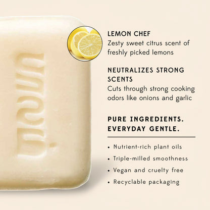 Bar of soap with lemon flavor description on a white background