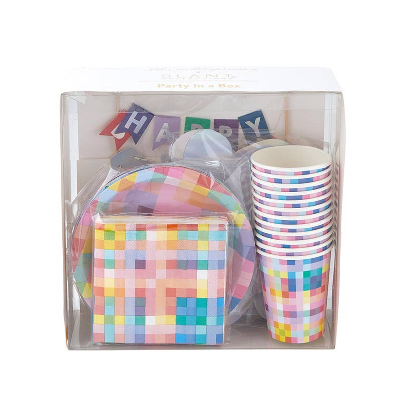 Colorful Pixel Birthday Party in a Box - Complete Set with Garland, Cake Topper, Cups, Plates, Table Accents, and Napkins