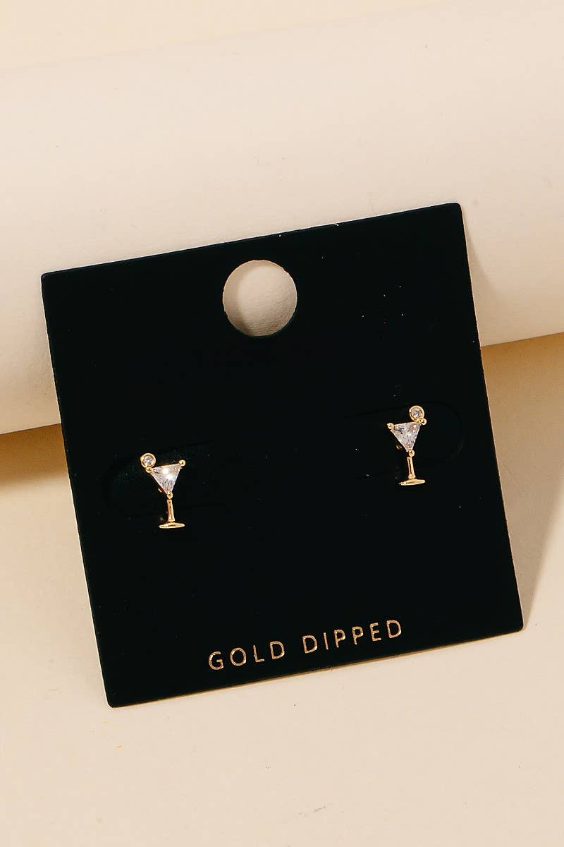 Martini glass stud earrings with gold-dipped finish and shimmering cubic zirconia