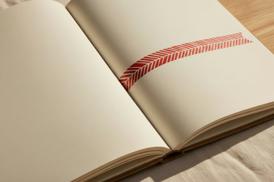 Close up of the red and white herringbone washi tape on a journal with a tabletop and natural textile in the bakground.